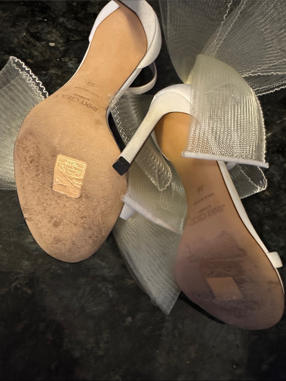 Jimmy Choo White Satin Tulle Bow Stiletto Heels - Picture 11 of 11